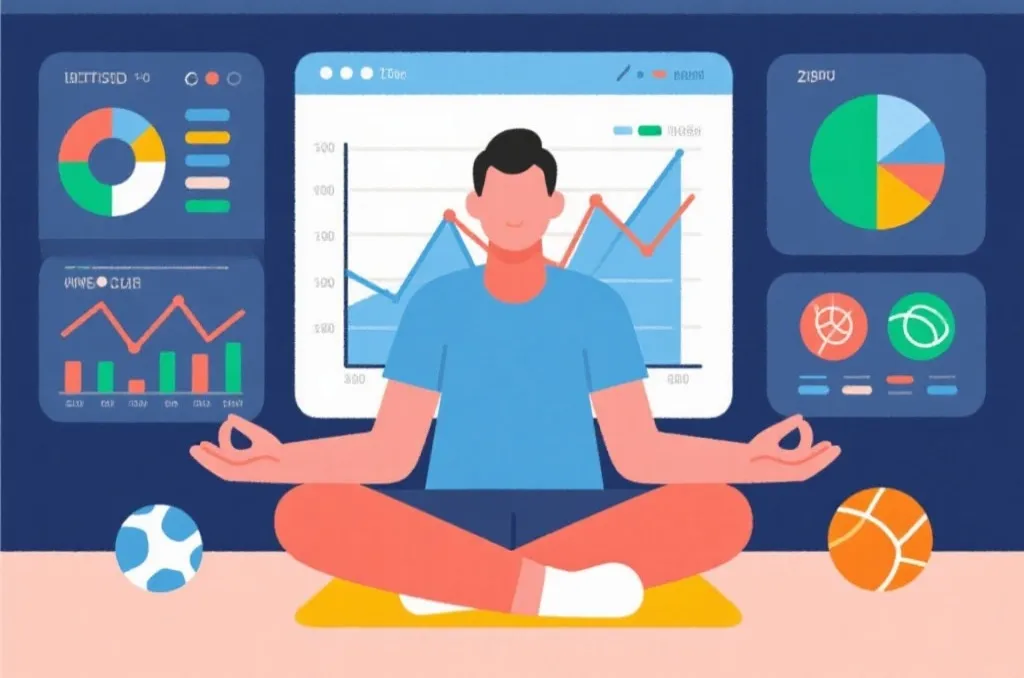 A conceptual flat design illustration of a person meditating calmly in front of a dashboard showing analytical graphs and sports icons