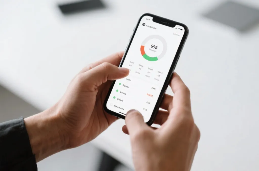 A person's hands holding a modern smartphone displaying a clean sports statistics interface, minimalist workspace background