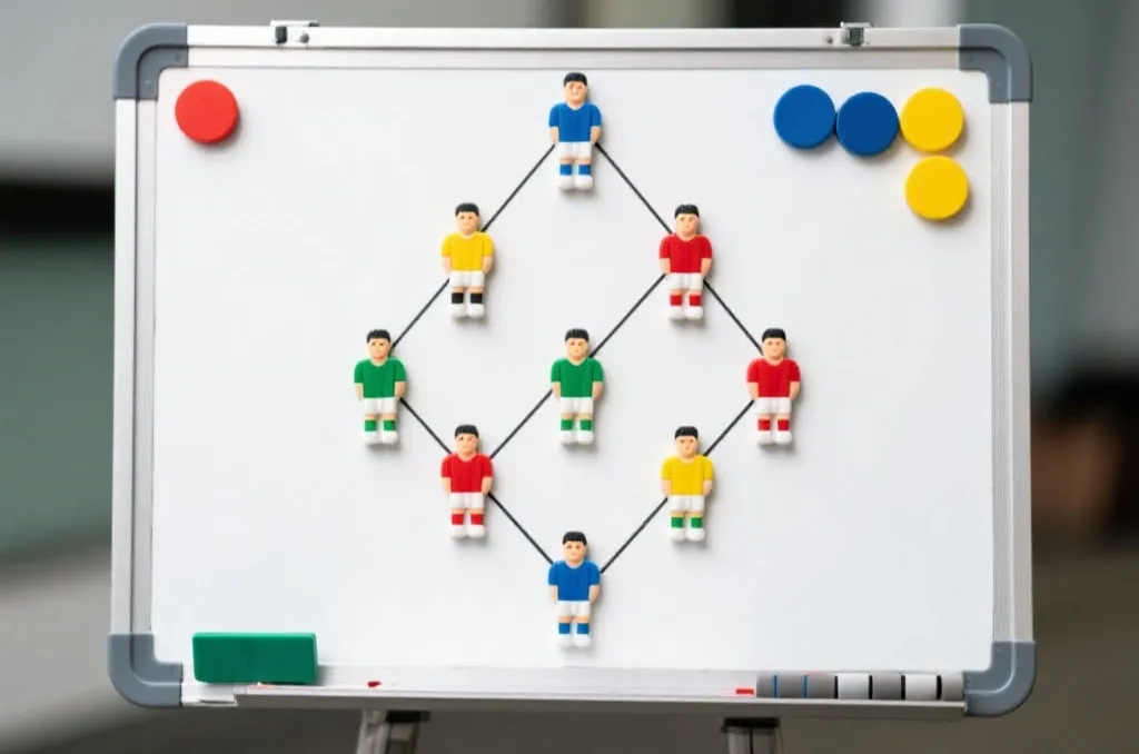 A detailed view of a tactical whiteboard with colorful magnetic pieces representing football players in a strategic formation
